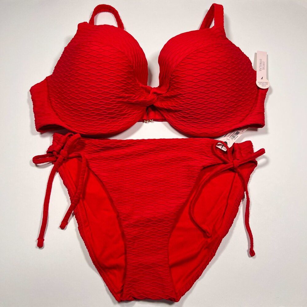 Victoria Secret 40C L TWIST FRONT Push Up Bikini Top Bottom Set Textured Red